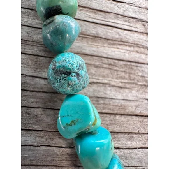 Vintage Turquoise Nugget Bead Necklace Sterling Silver Ends Hook Clasp Southwest - Picture 8 of 11